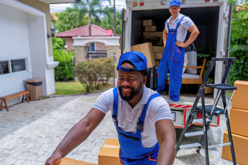 Smiling man wearing blue overalls and carrying a box while another man stands inside of a moving truck.